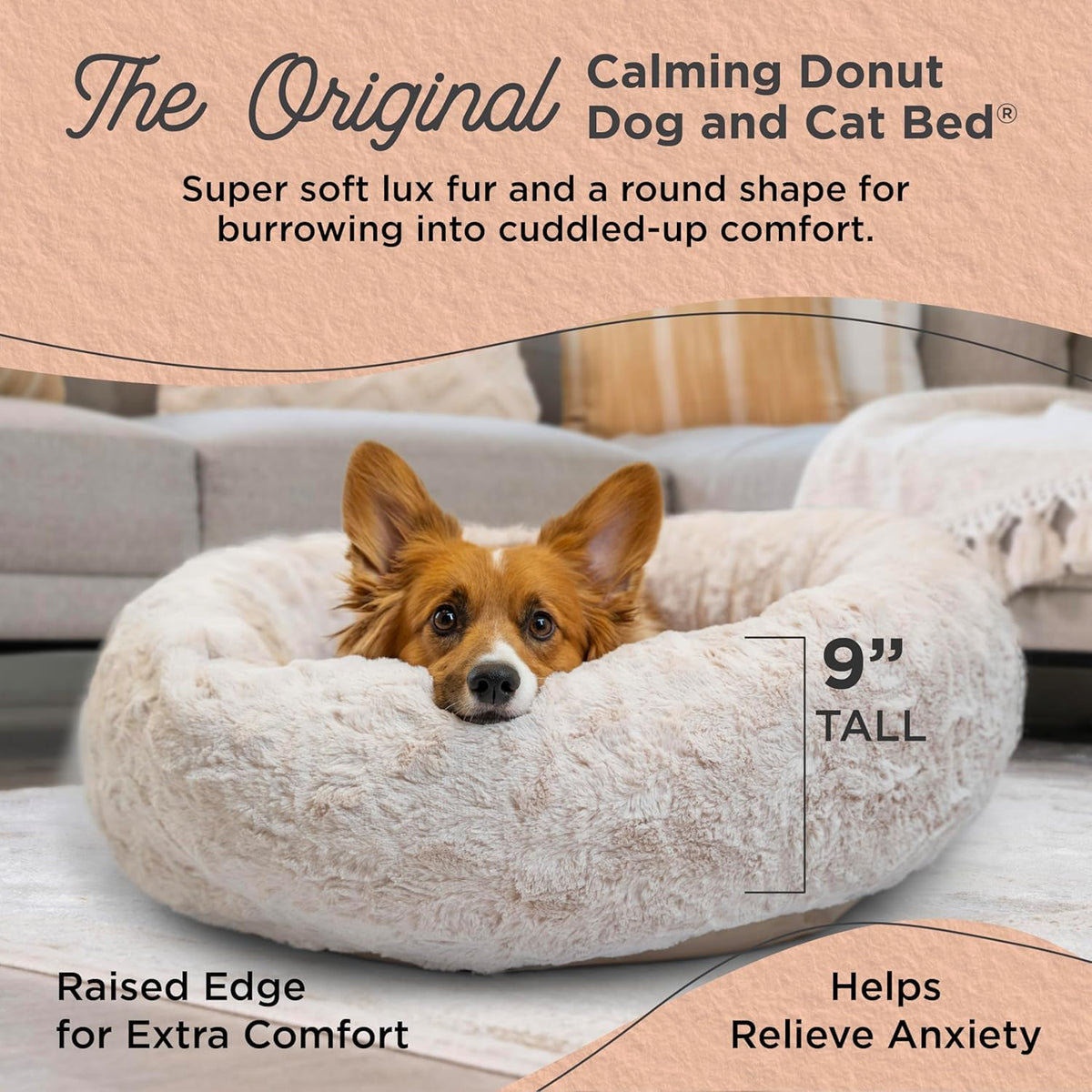 Best Friends by Sheri Original Calming Donut Dog and Cat Bed, Lux Faux Fur, Oyster, (30in x 30in) - Anxiety Relief for Pets Up to 45 lbs