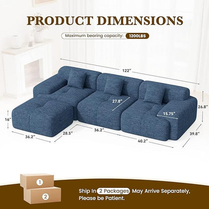 122" L Shaped Convertible Modular Couch, Cloud Couch Sectional with Ottoman, 4-Seater Chenille Boneless Couches for Living Room, Apartment, No Assembly, Blue 1PCS