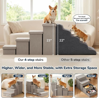 4-Step Wide Dog Stairs with Storage 23" H, Non-Slip Sturdy Pet Steps for High Bed Couch Window, Pet Stairs for Small/Medium/Large Old Dogs Cats Up to 220lbs, Cat Dog Steps for Car, Light Grey