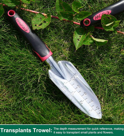 ESOW Garden Tool Set with Non-Slip Rubber Handle, 3 Piece Cast-Aluminum Heavy Duty Gardening Kit Includes Hand Trowel, Transplant Trowel and Cultivator Hand Rake, Red