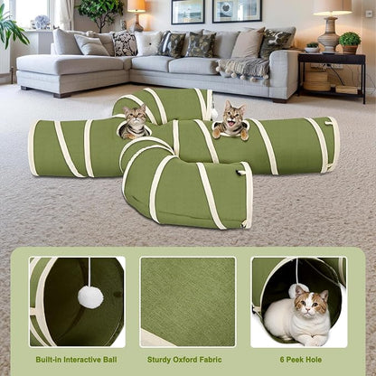 Ownpets Cactus Cat Tunnel 10" with Peek Holes for Indoor Large Cat, Green | Durable Oxford fabric, noise-free, foldable & connectable, multi-cat friendly, tube for cats up to 20lb, includes ball & wand