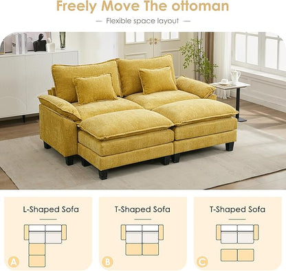 URRED Cloud Couch Modular Sectional Sofa, 87" Modern Loveseat Sofa with 2 Ottomans & Pillows, Ultra Comfy Chenille Couches for Living Room, Bedroom or Apartment, Yellow