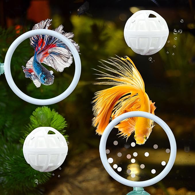 Betta Fish Exercise Ring and Filter Balls Set, Betta Ring Training Loop with Suction Cup and Nitrifying Ball, Betta Enrichment Toys, Aquarium Toys for Fish Turtle Tank Small Fish Tank (White, M-73mm)