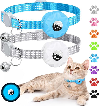 Apple AirTag Cat Collar, GPS Tracker with Reflective Breakaway Design, Lightweight Kitten Collar with Bell (Gray/Luminous Blue)