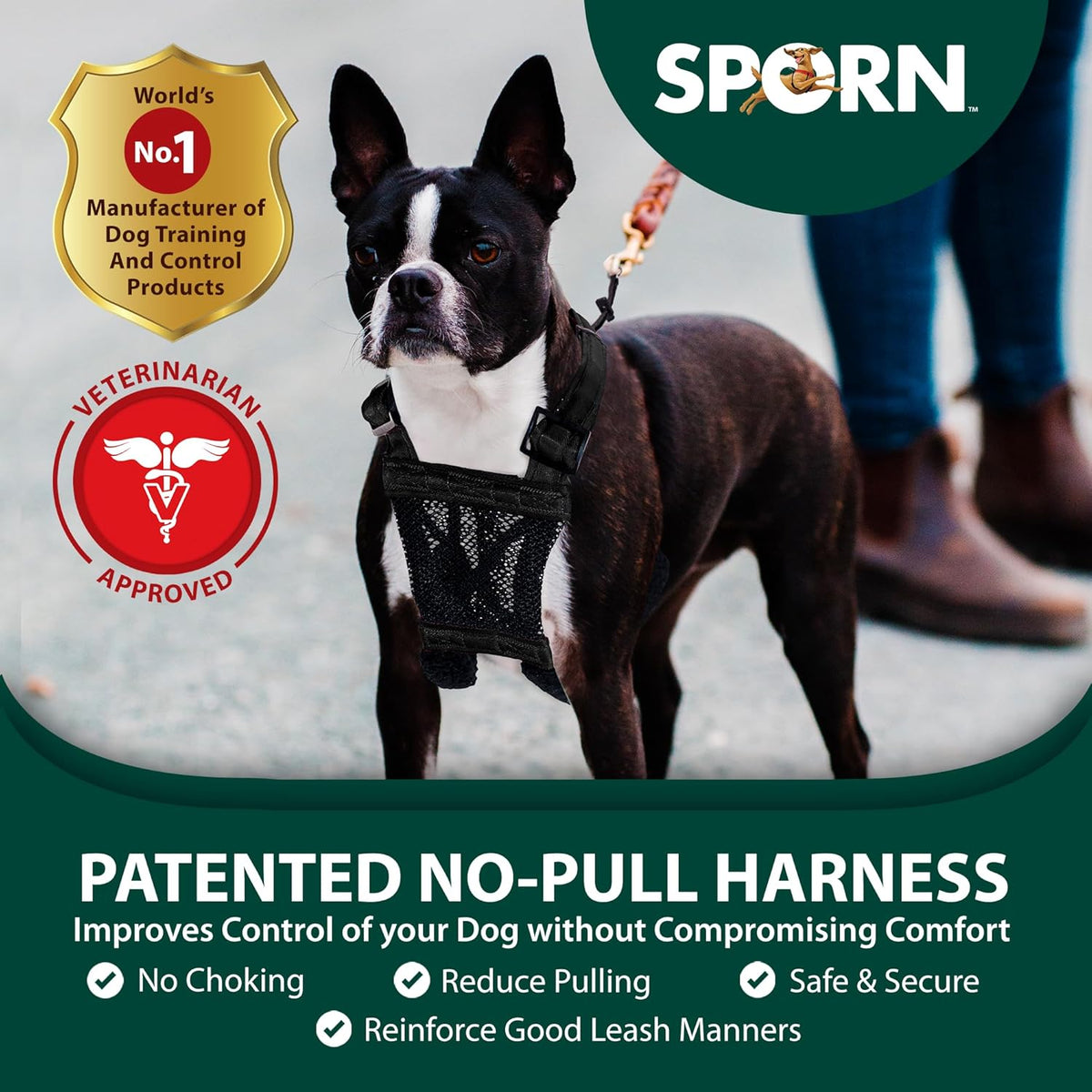 Sporn Extra Small Dog Harness No Pull - Easy & Adjustable for Growing Puppies, Lightweight, Breathable, Durable Nylon, Black Mesh Body, XS Size, Anti-Pull Dog Harness for Puppies & Small-Sized Breeds