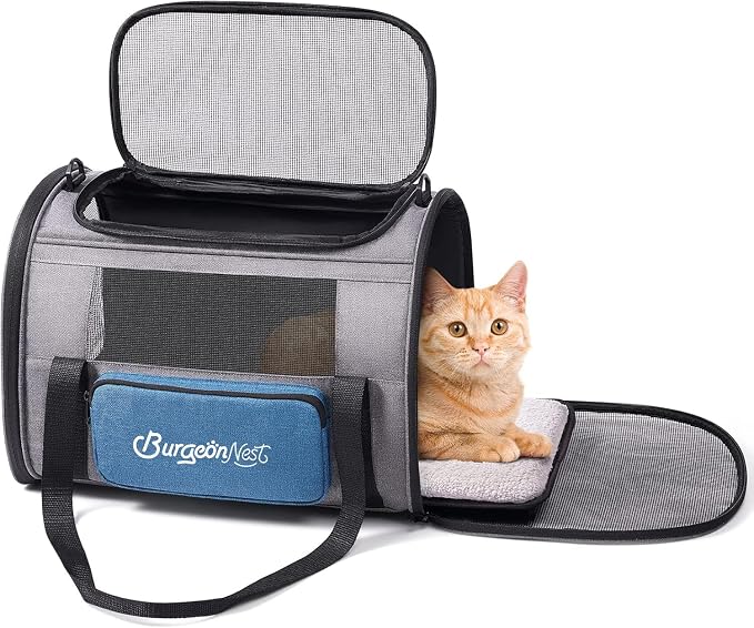 BurgeonNest Cat Carrier, Airline Approved Dog Carrier, Soft Sided Cat Pet Carrier for Small Medium Cats Dogs Under 10 lbs with Side Bag, Collapsible Travel Kitten Puppy Carriers, Blue