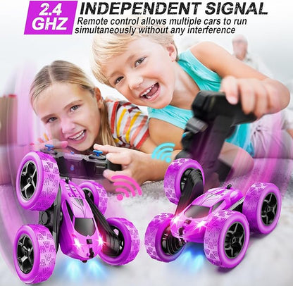 RC Cars, Purple Remote Control Car for Girls, 2.4 GHZ Double Sided RC Stunt Car 360° Rotating Remote Control Crawler with Headlights Car Toys for 6 7 8 9 10 11 12 Girls Birthday Gift