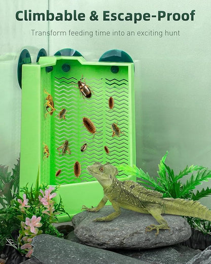Pawfly Reptile Feeder Bowl - Escape-Proof Corner Hunting Dish, Wall-Mounted Insect Feeder for Bearded Dragons, Chameleons, Geckos, Frogs & Lizards with Suction Cups