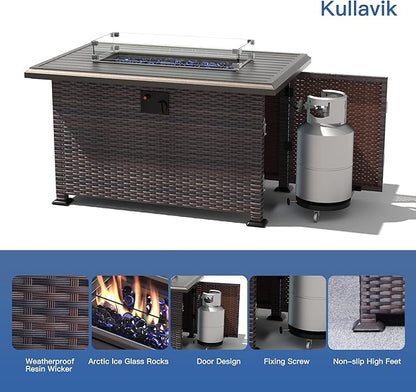 Kullavik 15PCS Outdoor Patio Furniture Set with 43" 55000BTU Gas Propane Fire Pit Table PE Wicker Rattan Sectional Sofa Patio Conversation Sets for Backyard,Grey Cushions