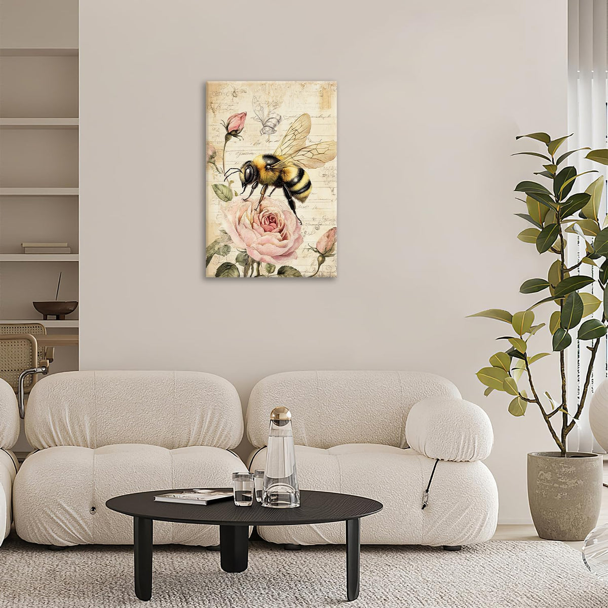 Rustic Bee Bathroom Pictures Wall Art, Vintage Floral Bathroom Wall Decor, Pink Rose Flower Framed Painting Canvas Artwork for Bedroom Living Room Decorations 24"L x 16"W