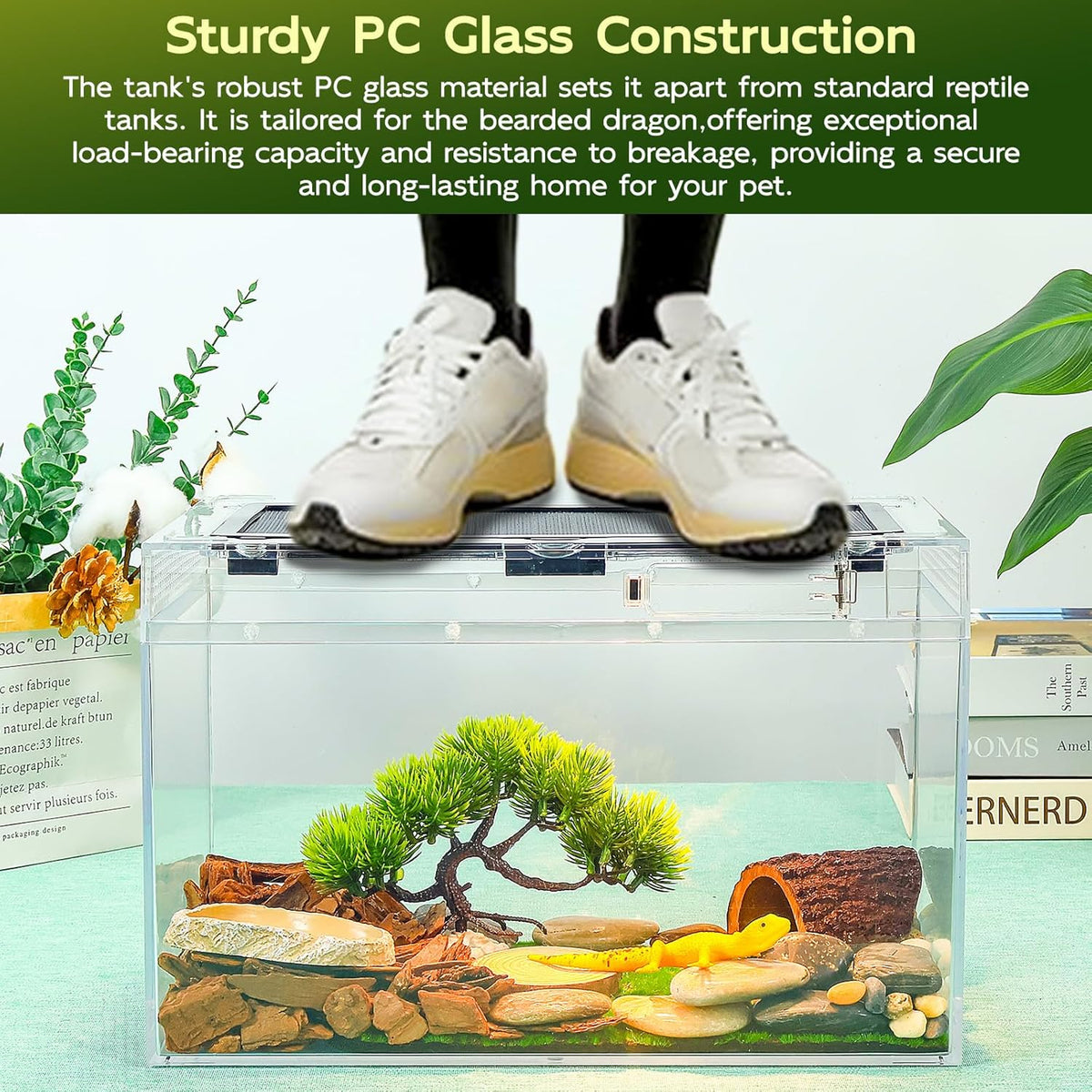 16×10×8'' Reptile Tank Kit with Heat Lamp, Spray Bottle, Shovel, Tweezers, Food Bowl, Hideout -Perfect for Geckos, Bearded Dragons, Snakes, Lizards, Turtles 360° Viewing, PC Glass