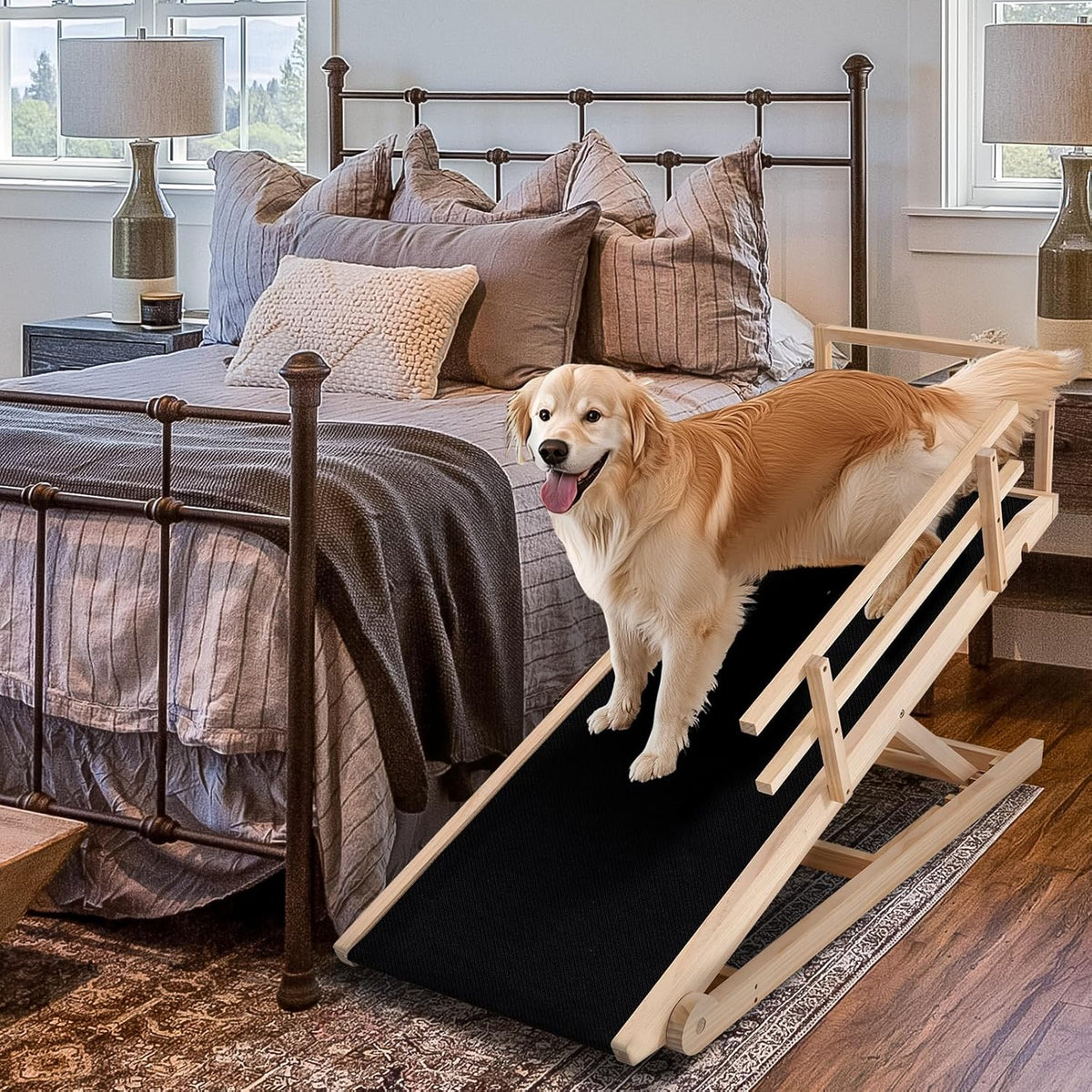 Dog Ramp, 5 Level Adjustable Height Folding Pet Ramp for High Bed, Portable Paw Ramps Large Bed Ramp for Medium & Large Old Dogs & Cats - Natural Wood Furniture Quality