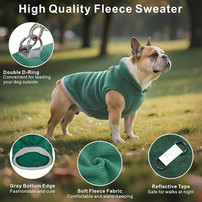Idepet 2 Pack Dog Fleece Vest Sweater Warm Pullover Jacket with D-Ring Leash Reflective Winter Coat Hoodie for Bulldog Pug Chihuahuas Yorkies Dachshunds(Dark Green&Grass Green,X-Large-French Bulldog)