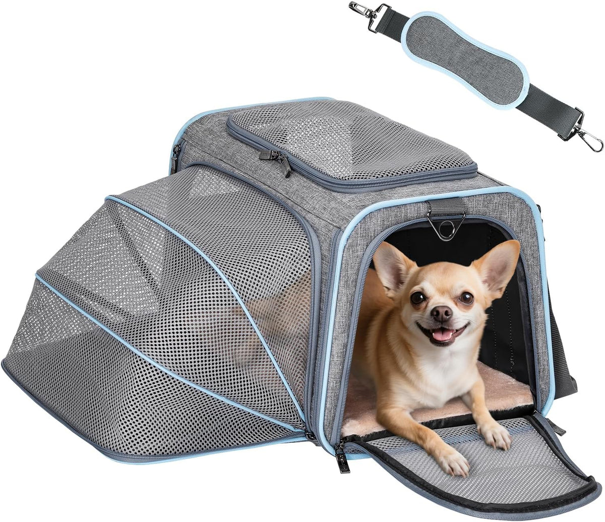 Petsfit Expandable Cat Carrier Dog Carriers,Airline Approved Soft-Sided Portable Pet Travel Washable Carrier for Kittens,Puppies,Removable Soft Plush mat and Pockets,Locking Safety Zippers