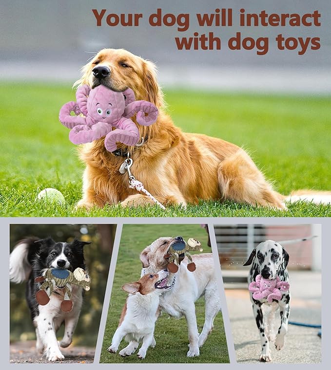 2Pack Dog Toys for Large Dog - Plush Squeaky Medium & Small Dog Toys - Stuffed Animals Puppy Toys - (Monkey+Octopus Pink)