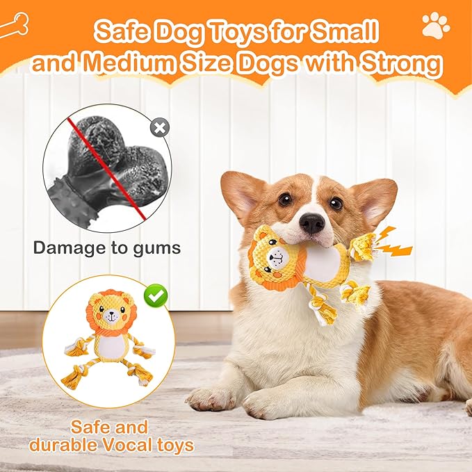 Squeak Dog Toys Stuffed Plush for Small & Medium Breeds - Soft Chew Fabric, Interactive Indoor/Outdoor Play, Perfect for Puppy Teething - Ideal Pet Gift, Lion