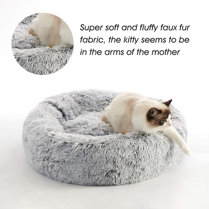 Calming Soft Round Dog &Cat Bed Small Dog Bed Washable,20" | Fluffy Faux Fur Cuddler,Anti-Anxiety,Anti-Slip Bottom,Self-Warming Bed for Small Dog&Kitten&Puppy,Up to 12 LBS Light Grey
