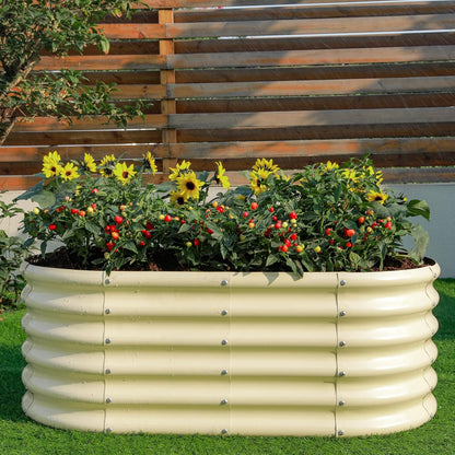 Land Guard 18“ Tall Outdoor Metal Raised Garden Bed, Oval Deep Root Planter Box for Vegetables, Flowers, Herbs, 89 Gallon Capacity - Cream Yellow