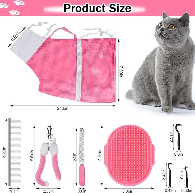 JULMELON Cat Washing Bag 10 PCS Set, Adjustable Cat Shower Net Bag and Pet Grooming Brush with Nail Clipper Nail File Hair Combs Tick Tool Nail Caps for Bathing Nail Trimming Examination(Pink+Grey)