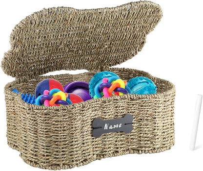 Seagrass Wicker Baskets for Dog Toys,Bone Shaped Dog Toy Bin with Lid,Personalized Dog Toy Organizer Boxes for Living Room,Farmhouse Handmade Pet Dog Storage,Dog Stuff Organizer
