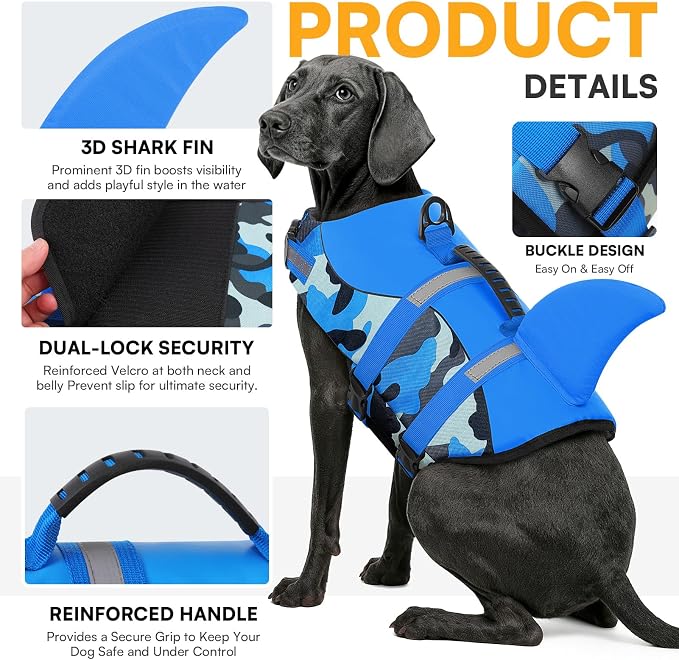 Dog Life Jacket Ripstop Dog Shark Safety Vest Adjustable Preserver with High Buoyancy and Durable Rescue Handle for Small,Medium,Large Dogs, Blue Camouflage Small