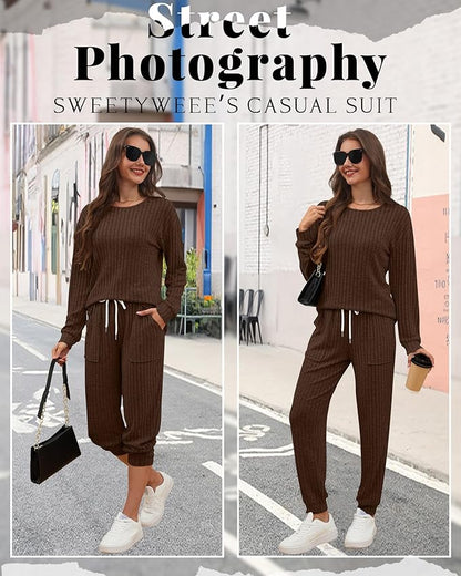 Sweetyweee Women's Ribbed Knit Lounge Sets 2 Piece Outfits Long Sleeve Pajamas Set Loungewear Sweatsuits Fall Pjs with Pocket