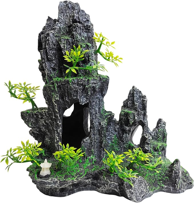 kathson Aquarium Mountain View Stone Resin Fish Tank Decoration Betta Hideout Caves Rockery Landscape Tree Aquarium Decorations Large Rock Hiding Cave Decor for Small Fish Shrimp Play Ornament