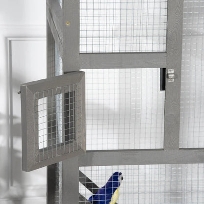 Wooden Bird Cage Outdoor Aviary House For Parrot, Parakeet, With Pull Out Tray And 2 Doors, Grey