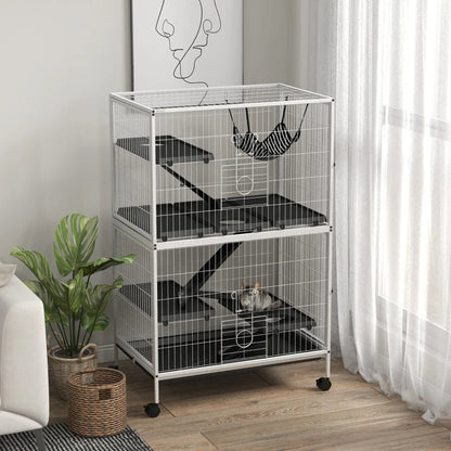 Rolling Small Animal Cage With Hammock, Ferret Cage, Chinchilla Cage, Pet Habitat, WIth 4 Doors, Removable Tray
