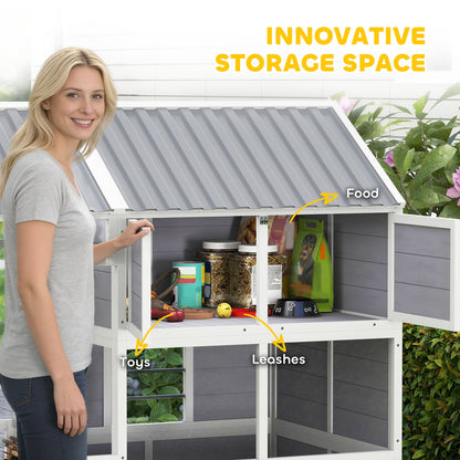 79"L Large Dog House Outdoor, Wooden Dog Kennel with Porch, Storage Cabinet,Weatherproof Roof, Windows