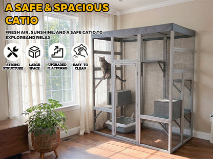 Gray Wooden Catio Pet Enclosure with Waterproof Top, Spacious and Secure Cat House & Small Animal Cage,2 Napping Boxes