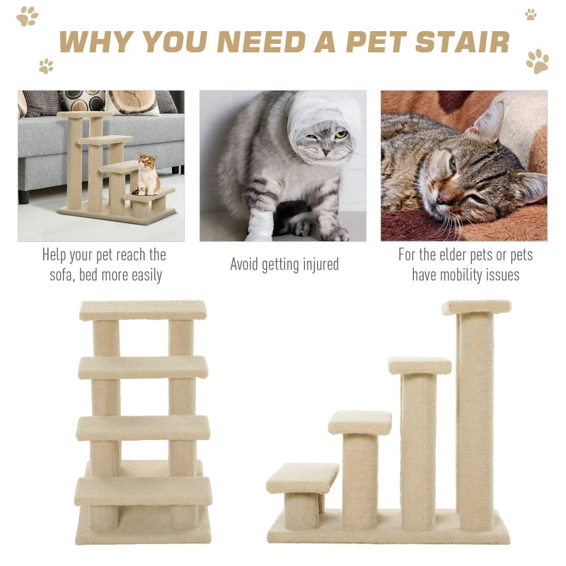 4-Step Multi-Level Carpeted Cat Scratching Post Pet Stairs, Cream White