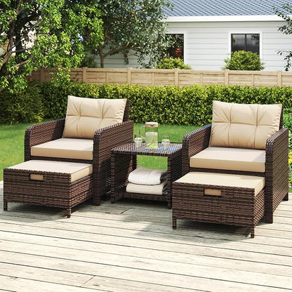 LHBcraft 5 Pieces Patio Set, PE Rattan Patio Conversation Set with Soft Cushions & Coffee Table, Outdoor Chairs with Hidden Ottoman for Porch, Lawn, Garden, Balcony, Brown