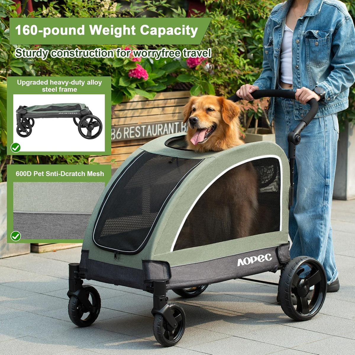 Large Dog Stroller - Dual Entry Safety Folding Pet Stroller with Adjustable Handle, All-Terrain 4-Wheel, 160 lbs Weight Capacity for Travel & Outdoor Adventures - Green