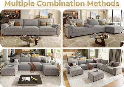 SITJOY 118" Oversized Sectional Couches for Living Room, Extra Large Deep Seat Modular Sofa with Washable Covers, Wide Couch, 3 Seater Couch, Chenille in Light Gray