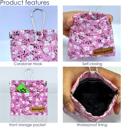 Dog Treat Pouch, Small Cotton Pocket Sized Training Holder, Hand Free Walking Fanny Bag with Carabiner, Self-Closing Pet Feed Snack Reward, Behavior Aids for Puppy Travel or Outdoor Use