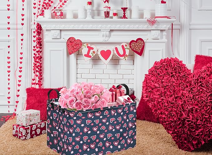 Rec Heart Print Box Hamper Storage Basket Collapsible Organizer Bin Gift Shelf Baskets for Home and Kitchen Storage
