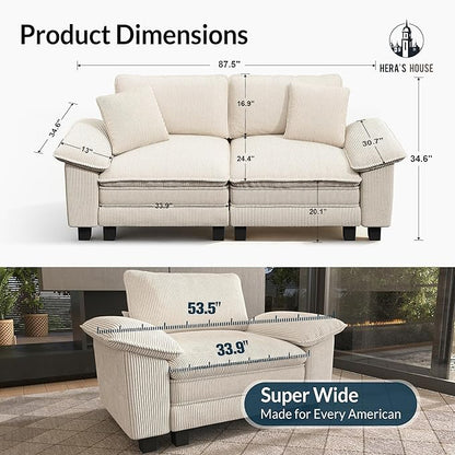 HERA'S HOUSE 88" Modular Sectional Sofa, Loveseat Couches for Living Room, Comfy Cloud Couch 2-Seater Deep Seat Sofa with Throw Pillow, Corduroy Beige
