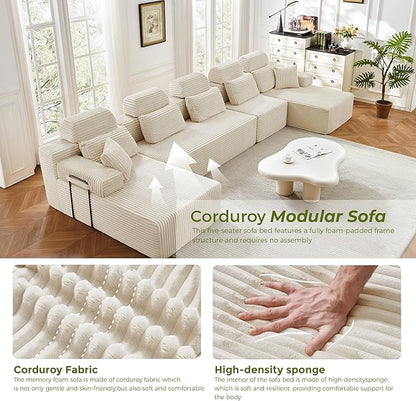 171" U-Shaped Cloud Modular Sectional Sofa with Chaise & Headrest, Boneless Deep Seat Plush Corduroy Couches for Large Living Room, No Assembly Required (White, 171" U-shapred Chaise)