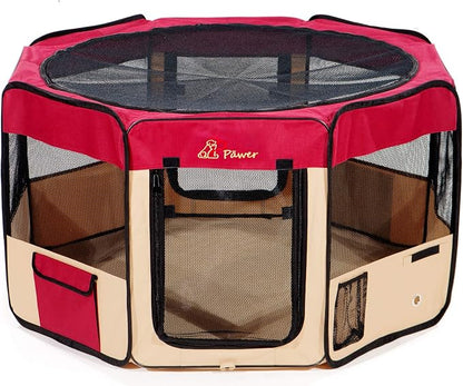 Pawer 36”×18.5” 8-Panel Foldable Pet Playpen, for Small Medium Cat/Dog/Puppy, Burgundy+Beige, 600D Oxford Cloth Portable Indoor & Outdoor Kennel with Carry Bag, Multiple Sizes & Colors Available