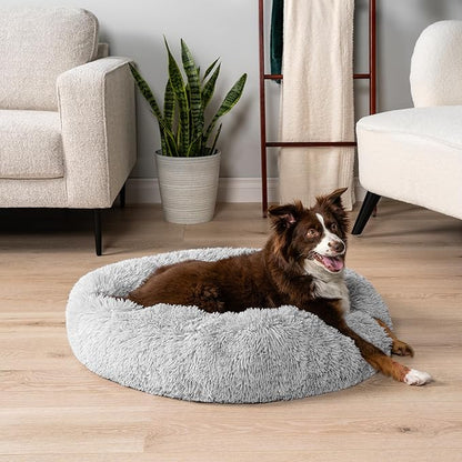 PetAmi Calming Dog Bed for Small Medium Dogs and Cats, Round Donut Washable Fluffy Faux Fur Plush Cuddler Pet Kitten Cushion, Anti-Slip, Fits up to 45 lbs, 30 inch, Light Gray
