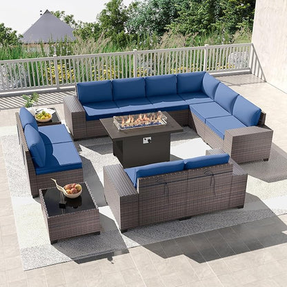 Kullavik 13PCS Outdoor Patio Furniture Set with 43" 55000BTU Gas Propane Fire Pit Table PE Wicker Rattan Sectional Sofa Patio Conversation Sets,Navy Blue
