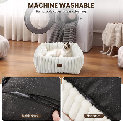 Cute Dog Bed for Small Dogs & Cats,Washable Fluffy Cat Beds for Indoor Cats, Rectangle Orthopedic Memory Foam Puppy Beds with Anti-Slip Bottom, 20 x19 x 7 Inches, Cream(20x19x6inchs)
