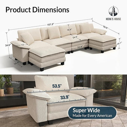 HERA'S HOUSE 158" Modular Sectional Sofa, Oversized U Shaped Couches for Living Room, Comfy Cloud Couch with Ottoman, 6-Seater Deep Seat Sofa with Throw Pillow, Corduroy Beige