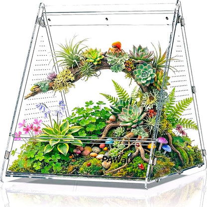 Triangular Jumping Spider Enclosure, Acrylic Terrarium with Magnetic Doors, 0.8mm Micro-Ventilation& Escape-Proof Design for Tarantulas, Lizards, Small Pets, 9.4"x10.9"x10.6"