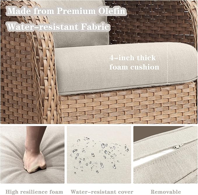 Belord Wicker Outdoor Furniture Patio Furniture Set - 6 Piece Patio Conversation Set with Swivel Rocker Chairs, Rattan Sofa, Ottomans and Coffee Table, Beige Cushion