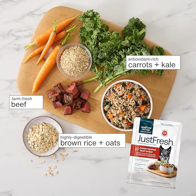 JustFoodForDogs JustFresh Wet Dog Food, Fresh Pet Meals and Toppers with No Preservatives, Resealable Package, Human Grade, Home-Cooked Beef, 12 oz - 7 Pack