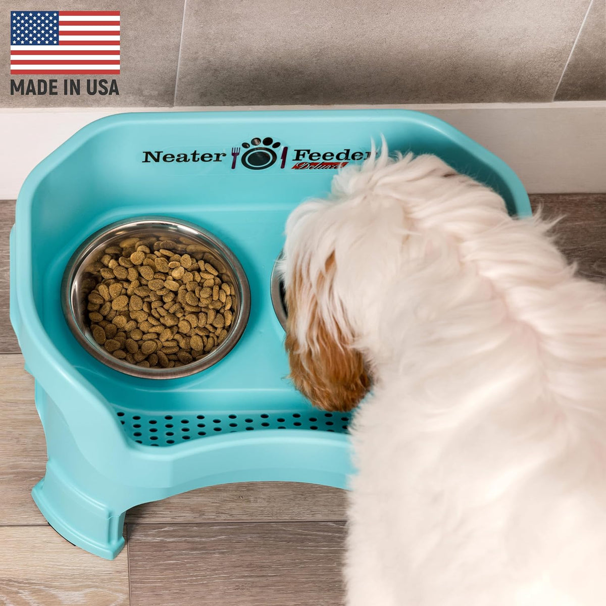 Neater Feeder Deluxe Mess Proof Dog Bowls Elevated Medium Sized Dogs (19-40 lbs) Made in USA, No Spill Raised Dog Food Bowl Stand w/Leg Extension, Stainless Steel Food and Water Bowl Set, Aquamarine
