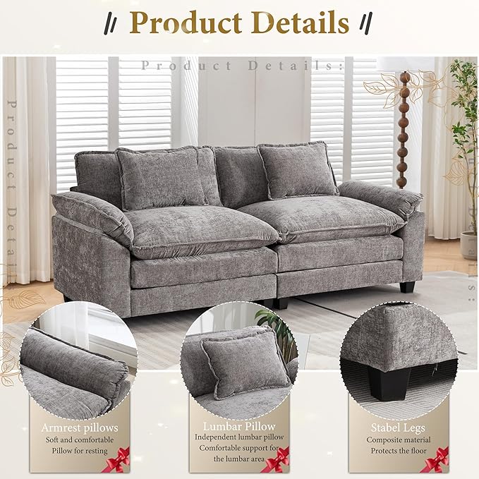 URRED Modular Sectional Sofa Comfy Cloud Couch, Modern Chenille Sofa Sleeper Deep Seat Couches with Ottoman/Pillows for Living Room (Gray, 82.6'')