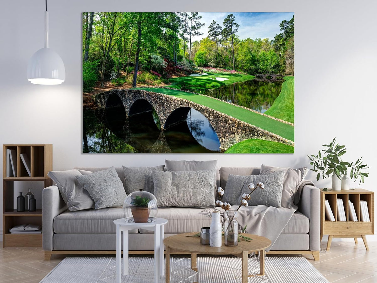 Nature Wall Art Prints - Ocean Forest Mountain Lake Canvas Landscapes - Small to Extra Large Living Room Bedroom Kitchen Bathroom Décor (Golf Course with Stone Bridge, 16L" x 24W")
